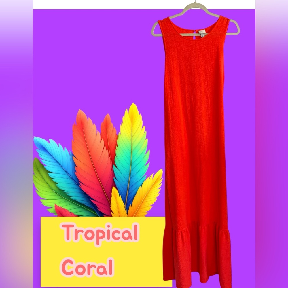 NWOT Vibrant Coral Orange Sleeveless Maxi Dress- Ruffled Hem. Size Large.